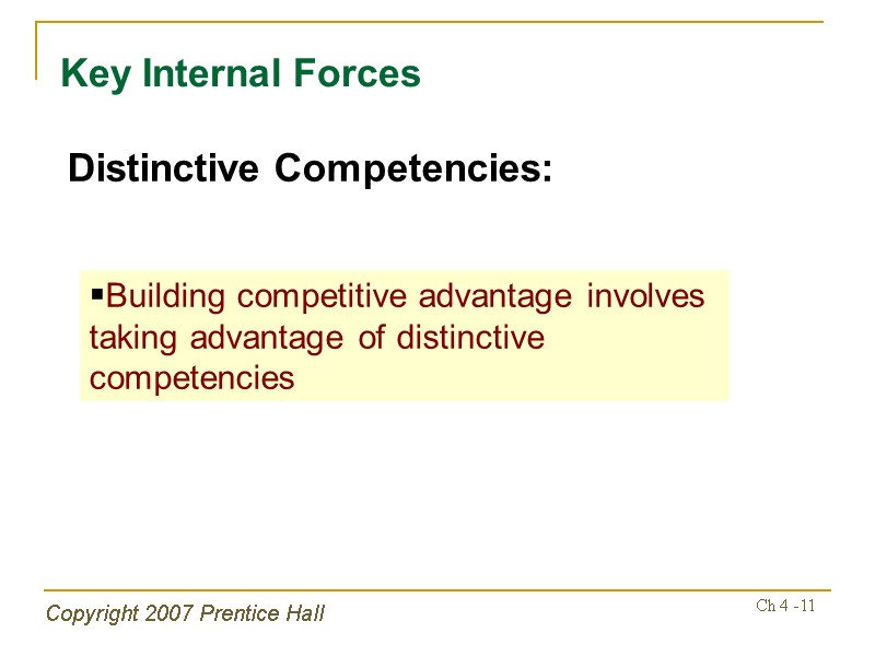 Copyright 2007 Prentice Hall Ch 4 -11 Key Internal Forces Distinctive Competencies: Building competitive